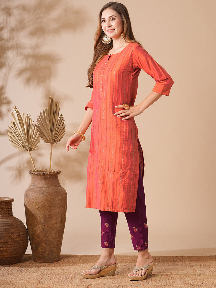 Solid Zari Embroidered Pin-Tucks Kurta with Zari Embroidered Pants - Orange