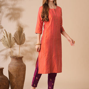 Solid Zari Embroidered Pin-Tucks Kurta with Zari Embroidered Pants - Orange