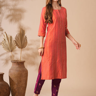 Solid Zari Embroidered Pin-Tucks Kurta with Zari Embroidered Pants - Orange