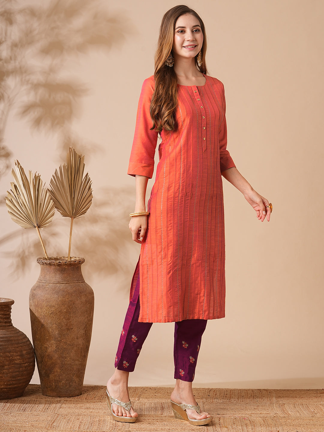 Solid Zari Embroidered Pin-Tucks Kurta with Zari Embroidered Pants - Orange