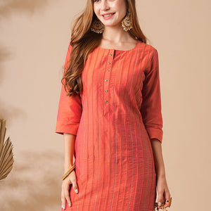 Solid Zari Embroidered Pin-Tucks Kurta with Zari Embroidered Pants - Orange