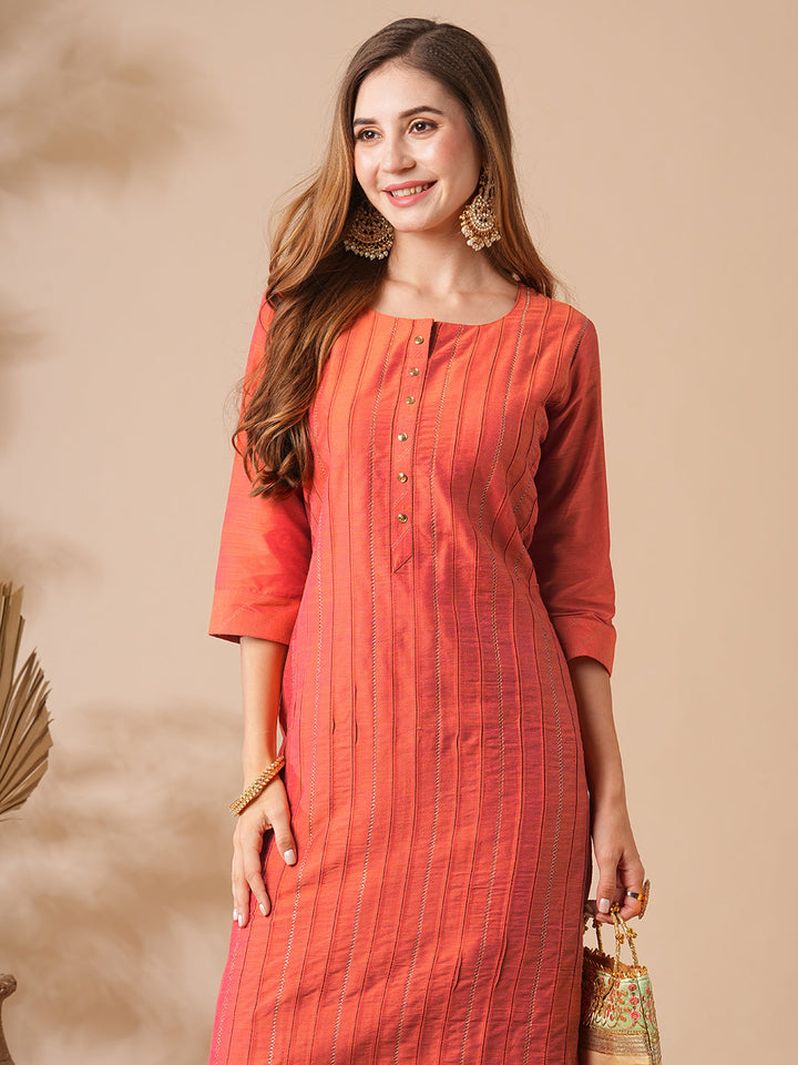 Solid Zari Embroidered Pin-Tucks Kurta with Zari Embroidered Pants - Orange