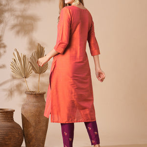 Solid Zari Embroidered Pin-Tucks Kurta with Zari Embroidered Pants - Orange