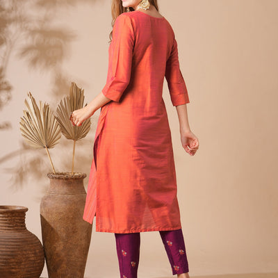 Solid Zari Embroidered Pin-Tucks Kurta with Zari Embroidered Pants - Orange