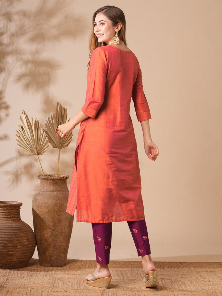 Solid Zari Embroidered Pin-Tucks Kurta with Zari Embroidered Pants - Orange