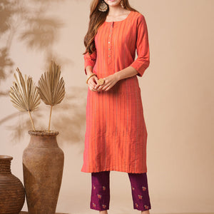 Solid Zari Embroidered Pin-Tucks Kurta with Zari Embroidered Pants - Orange