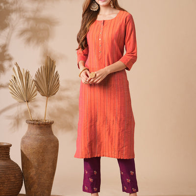 Solid Zari Embroidered Pin-Tucks Kurta with Zari Embroidered Pants - Orange