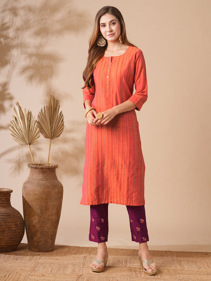 Solid Zari Embroidered Pin-Tucks Kurta with Zari Embroidered Pants - Orange