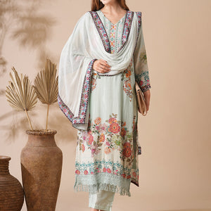 Floral Printed Stone & Crochet Lace Embelished Kurta with Pants & Dupatta - Pastel Green