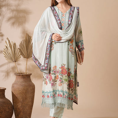 Floral Printed Stone & Crochet Lace Embelished Kurta with Pants & Dupatta - Pastel Green
