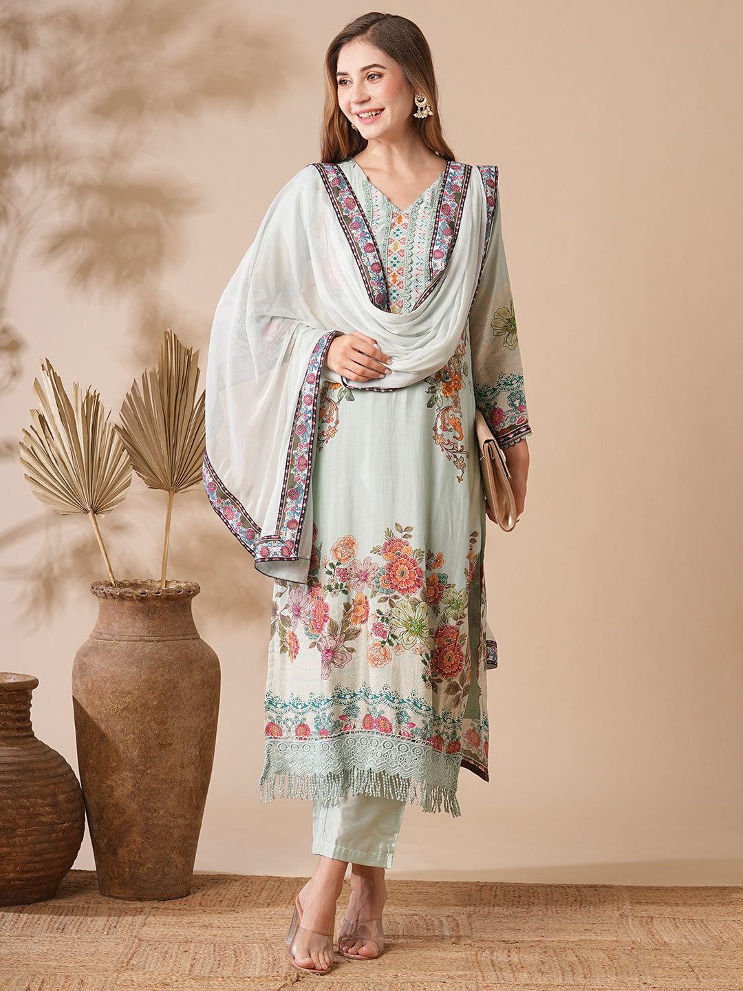 Floral Printed Stone & Crochet Lace Embelished Kurta with Pants & Dupatta - Pastel Green