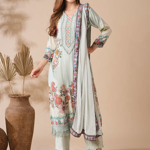 Floral Printed Stone & Crochet Lace Embelished Kurta with Pants & Dupatta - Pastel Green