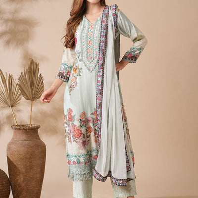 Floral Printed Stone & Crochet Lace Embelished Kurta with Pants & Dupatta - Pastel Green