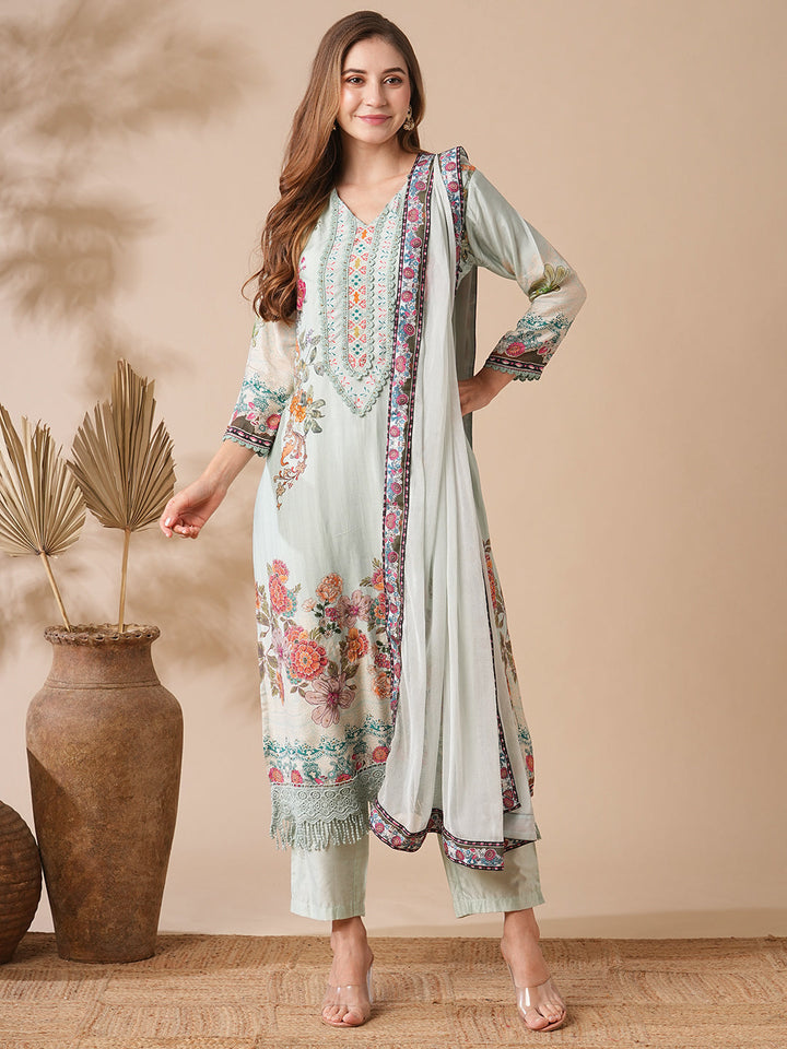 Floral Printed Stone & Crochet Lace Embelished Kurta with Pants & Dupatta - Pastel Green