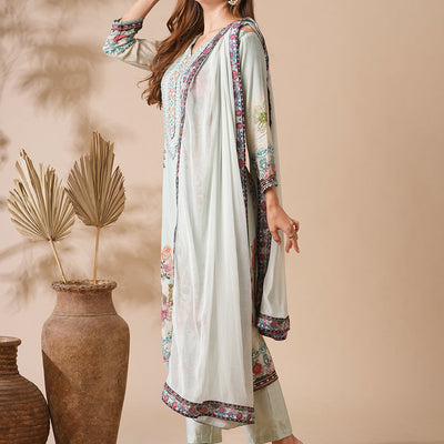 Floral Printed Stone & Crochet Lace Embelished Kurta with Pants & Dupatta - Pastel Green