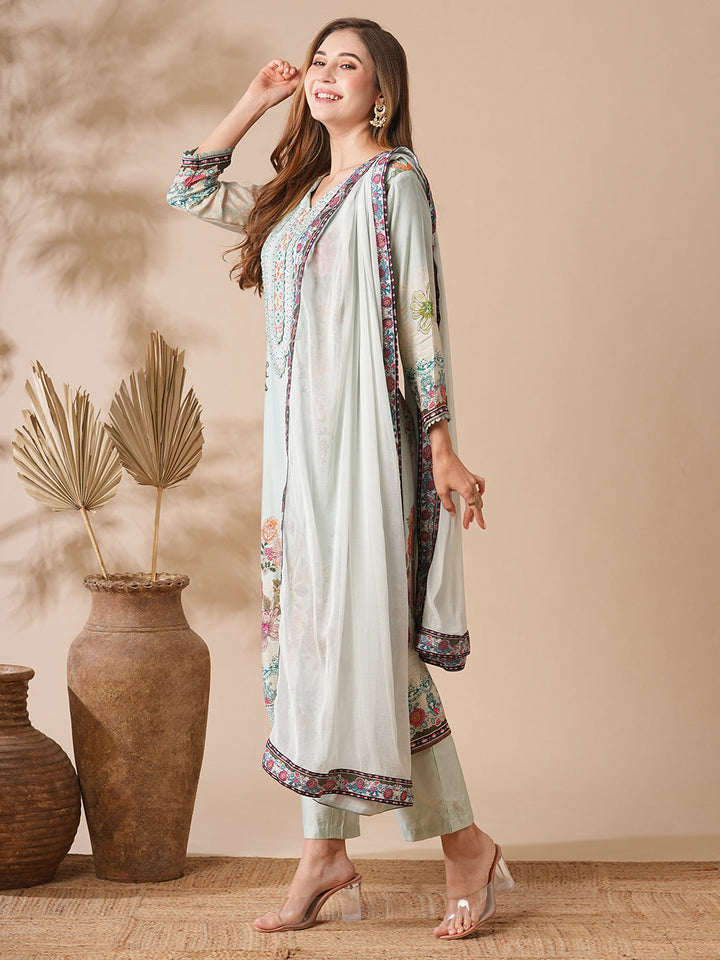 Floral Printed Stone & Crochet Lace Embelished Kurta with Pants & Dupatta - Pastel Green