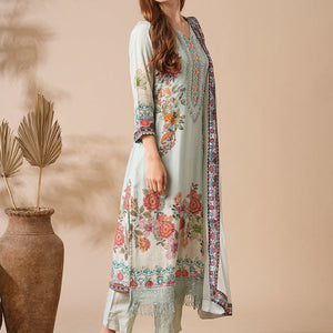 Floral Printed Stone & Crochet Lace Embelished Kurta with Pants & Dupatta - Pastel Green