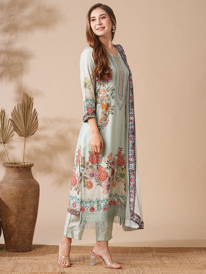 Floral Printed Stone & Crochet Lace Embelished Kurta with Pants & Dupatta - Pastel Green