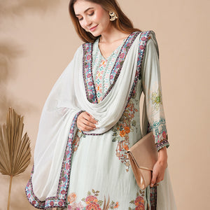 Floral Printed Stone & Crochet Lace Embelished Kurta with Pants & Dupatta - Pastel Green