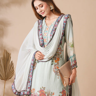 Floral Printed Stone & Crochet Lace Embelished Kurta with Pants & Dupatta - Pastel Green
