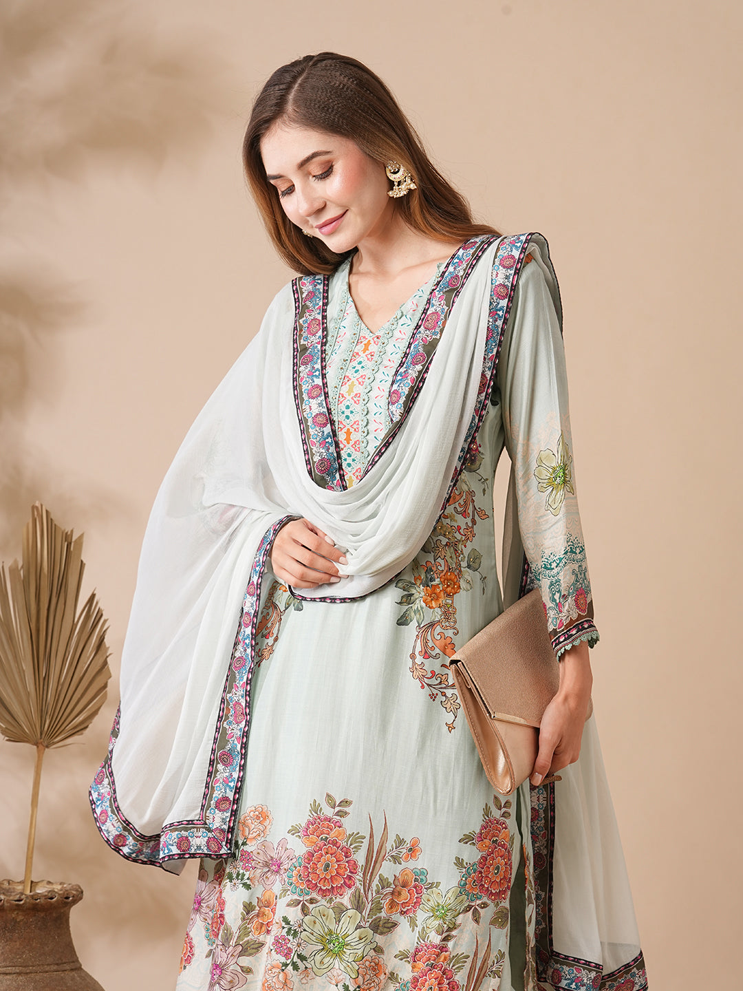 Floral Printed Stone & Crochet Lace Embelished Kurta with Pants & Dupatta - Pastel Green