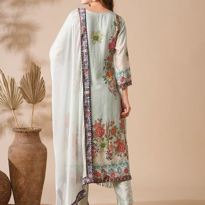 Floral Printed Stone & Crochet Lace Embelished Kurta with Pants & Dupatta - Pastel Green