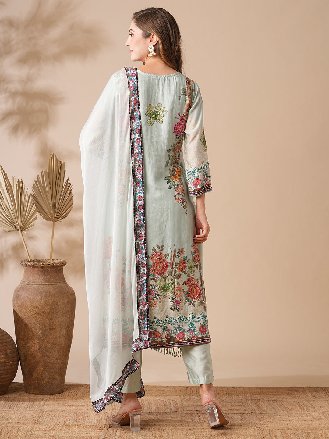 Floral Printed Stone & Crochet Lace Embelished Kurta with Pants & Dupatta - Pastel Green