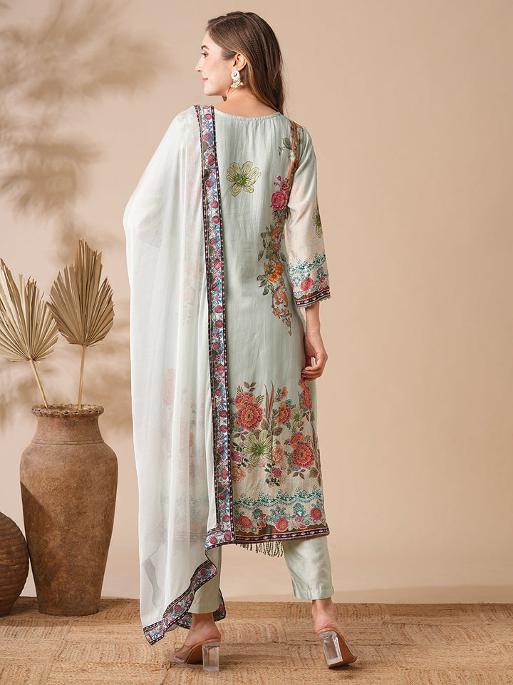 Floral Printed Stone & Crochet Lace Embelished Kurta with Pants & Dupatta - Pastel Green