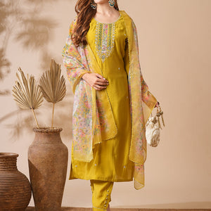 Solid Zardozi, Mirror & Stone Embroidered Kurta with Pants & Floral Dupatta - Lime Green