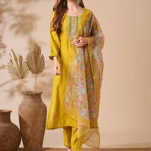 Solid Zardozi, Mirror & Stone Embroidered Kurta with Pants & Floral Dupatta - Lime Green