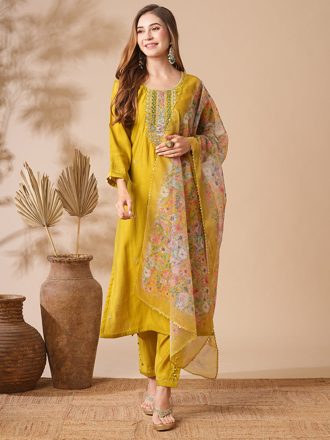 Solid Zardozi, Mirror & Stone Embroidered Kurta with Pants & Floral Dupatta - Lime Green