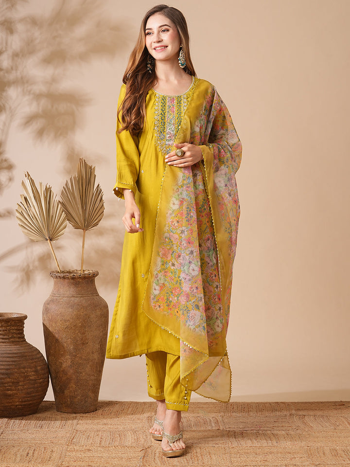 Solid Zardozi, Mirror & Stone Embroidered Kurta with Pants & Floral Dupatta - Lime Green