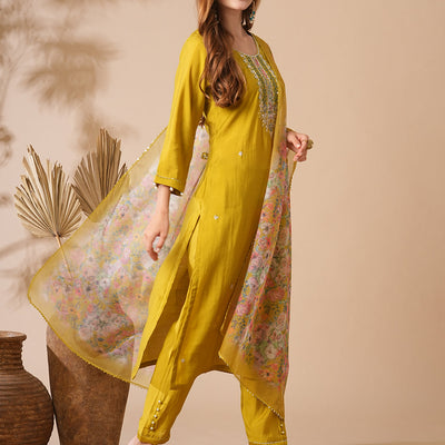 Solid Zardozi, Mirror & Stone Embroidered Kurta with Pants & Floral Dupatta - Lime Green