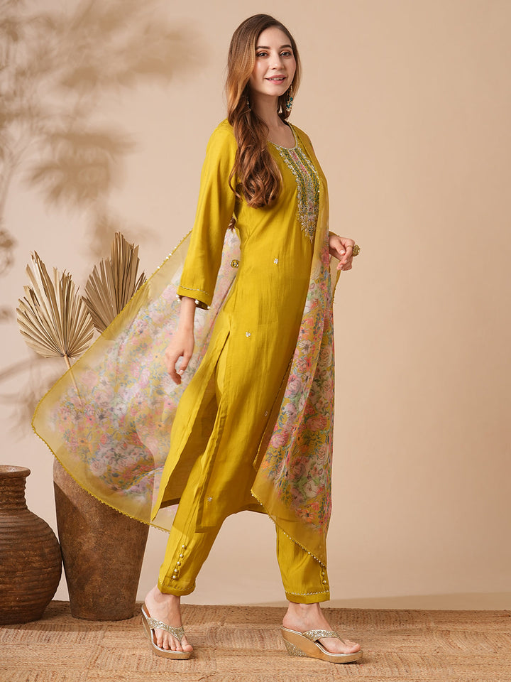 Solid Zardozi, Mirror & Stone Embroidered Kurta with Pants & Floral Dupatta - Lime Green