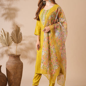 Solid Zardozi, Mirror & Stone Embroidered Kurta with Pants & Floral Dupatta - Lime Green