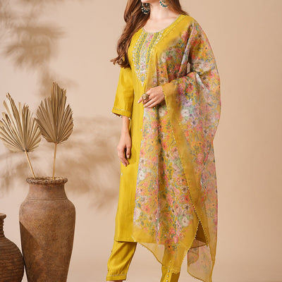Solid Zardozi, Mirror & Stone Embroidered Kurta with Pants & Floral Dupatta - Lime Green