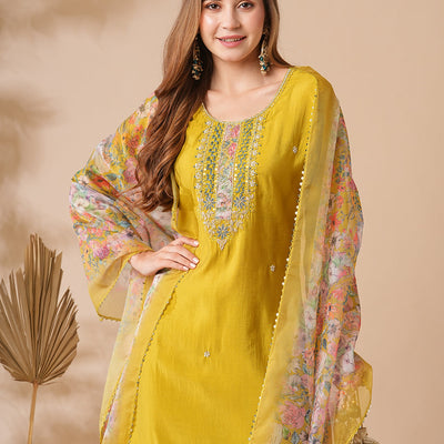 Solid Zardozi, Mirror & Stone Embroidered Kurta with Pants & Floral Dupatta - Lime Green