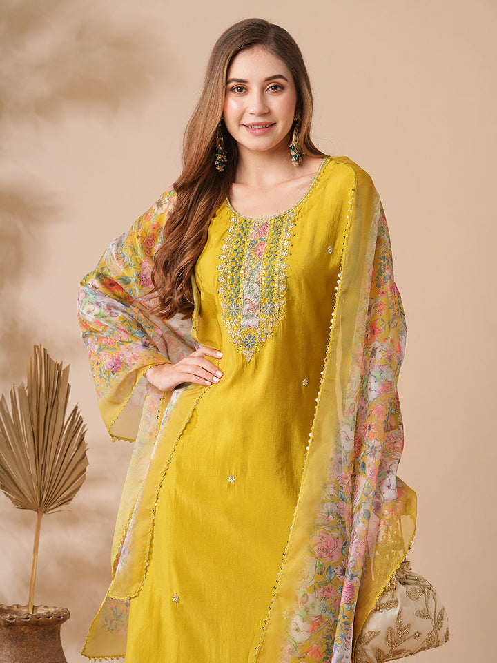 Solid Zardozi, Mirror & Stone Embroidered Kurta with Pants & Floral Dupatta - Lime Green