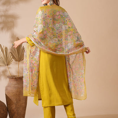 Solid Zardozi, Mirror & Stone Embroidered Kurta with Pants & Floral Dupatta - Lime Green