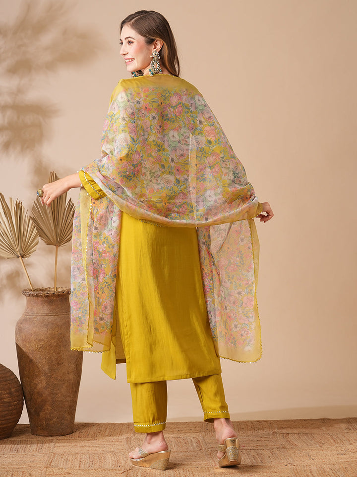 Solid Zardozi, Mirror & Stone Embroidered Kurta with Pants & Floral Dupatta - Lime Green