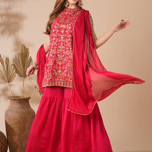 Solid Zari, Stones, Resham & Sequins Embroidered Kurti with Sharara & Dupatta - Red