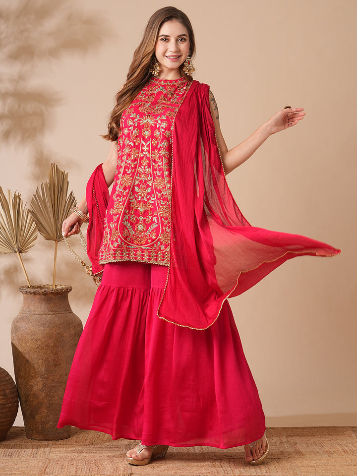 Solid Zari, Stones, Resham & Sequins Embroidered Kurti with Sharara & Dupatta - Red