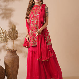 Solid Zari, Stones, Resham & Sequins Embroidered Kurti with Sharara & Dupatta - Red