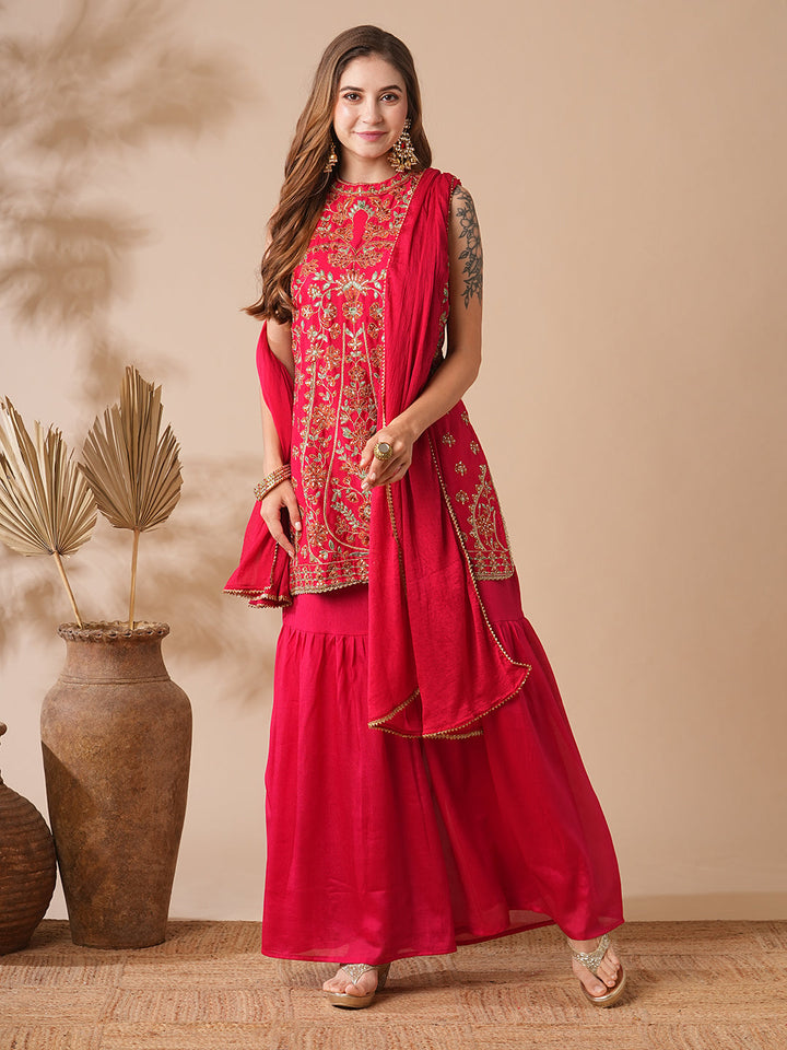 Solid Zari, Stones, Resham & Sequins Embroidered Kurti with Sharara & Dupatta - Red