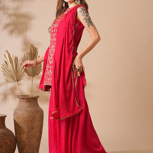 Solid Zari, Stones, Resham & Sequins Embroidered Kurti with Sharara & Dupatta - Red