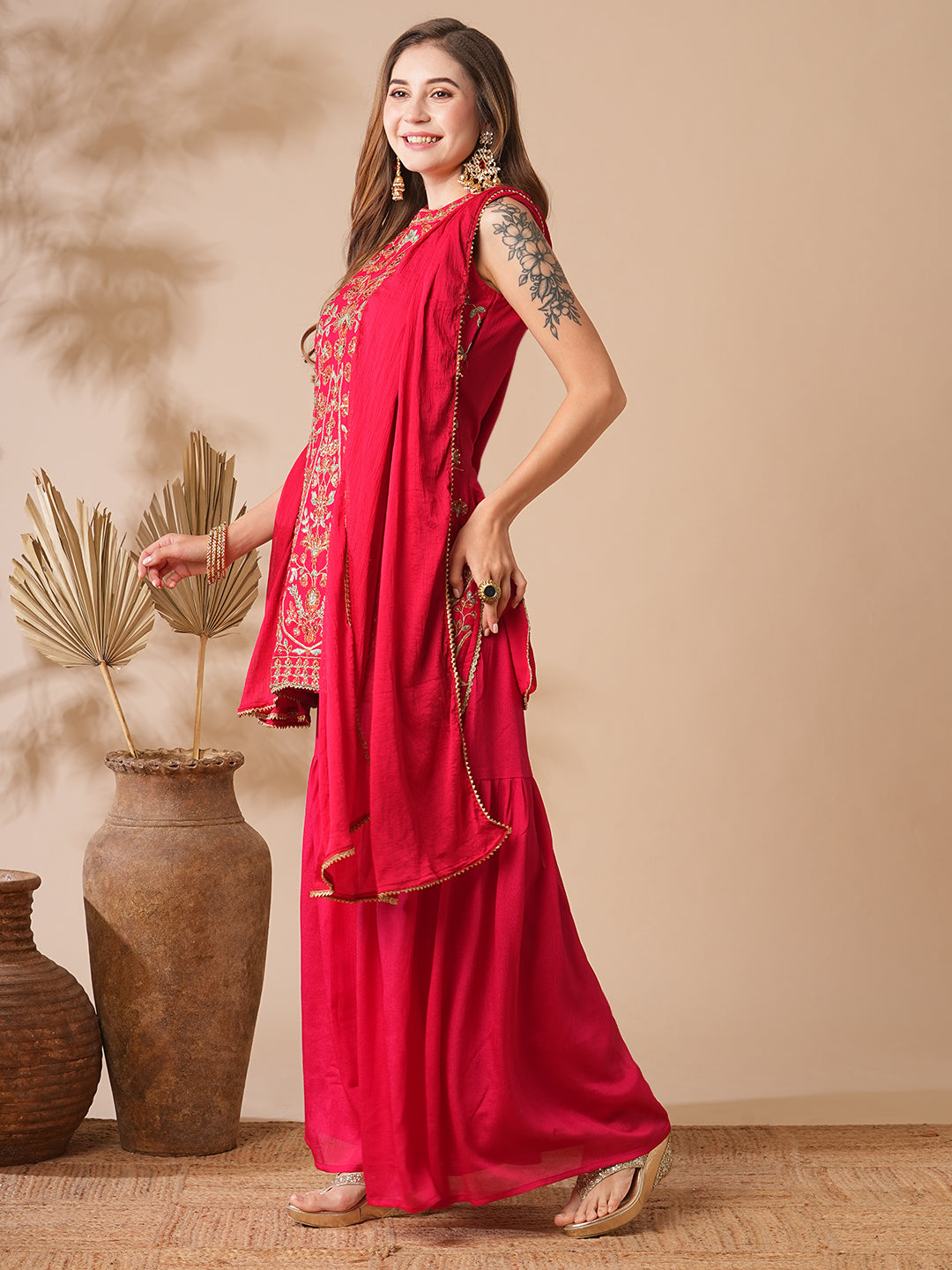 Solid Zari, Stones, Resham & Sequins Embroidered Kurti with Sharara & Dupatta - Red