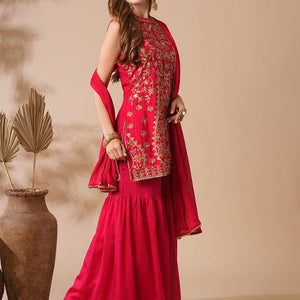 Solid Zari, Stones, Resham & Sequins Embroidered Kurti with Sharara & Dupatta - Red