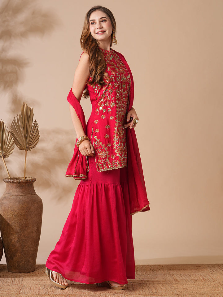 Solid Zari, Stones, Resham & Sequins Embroidered Kurti with Sharara & Dupatta - Red