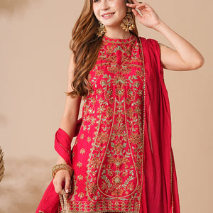 Solid Zari, Stones, Resham & Sequins Embroidered Kurti with Sharara & Dupatta - Red