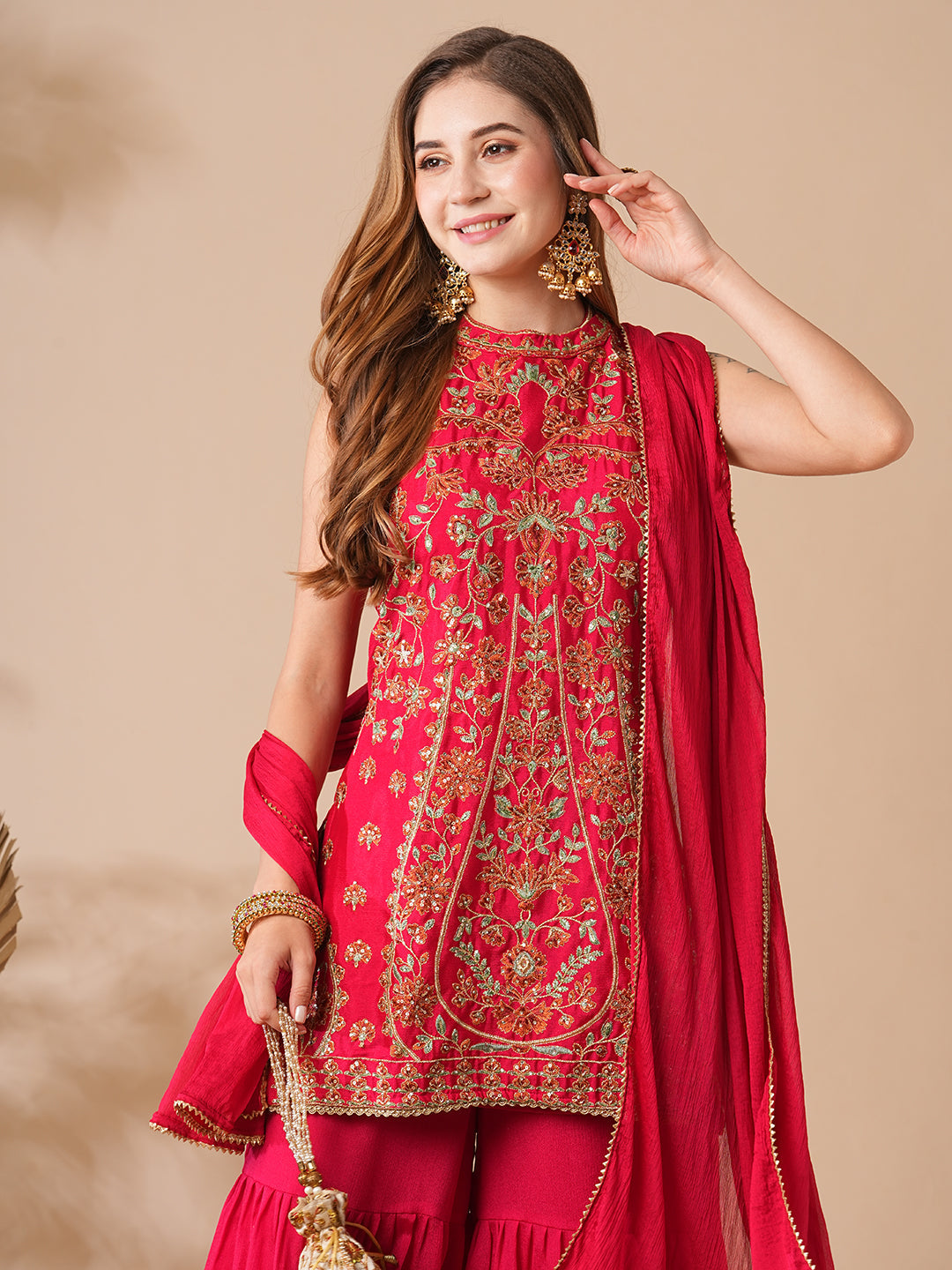 Solid Zari, Stones, Resham & Sequins Embroidered Kurti with Sharara & Dupatta - Red